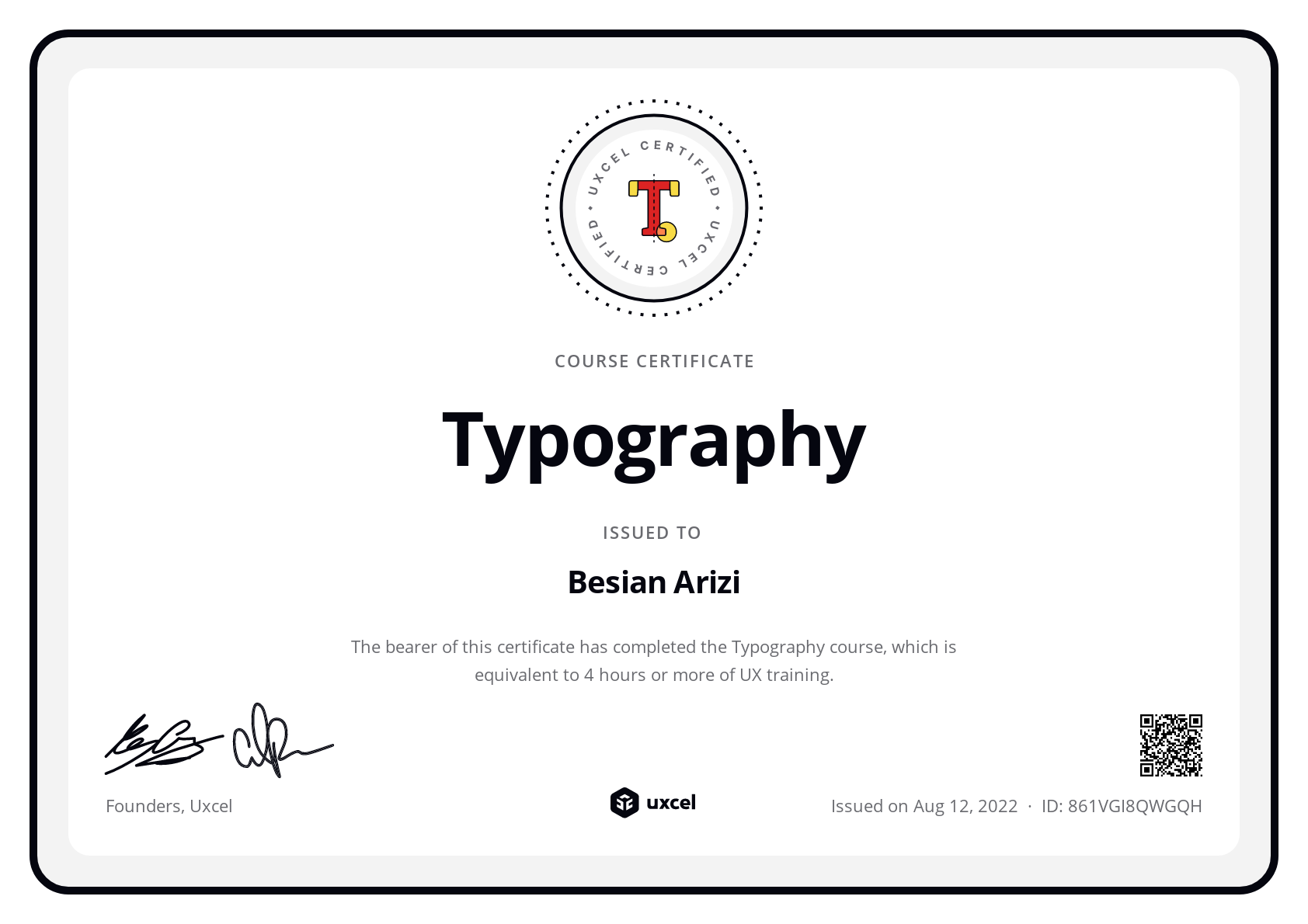 Besian Arizi's certificate